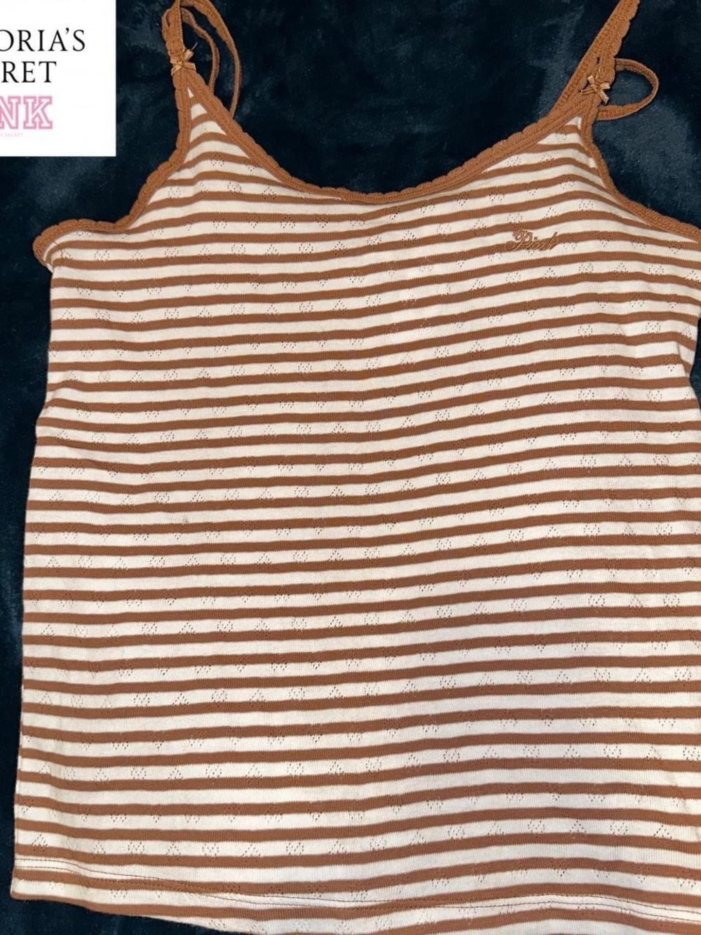 Victoria’s Secret PINK brown and white striped heart tank top cami.